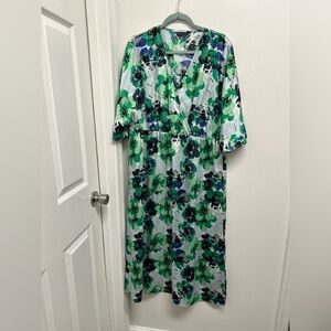 Floral Green and Blue Faux Wrap Batwing Day Dress